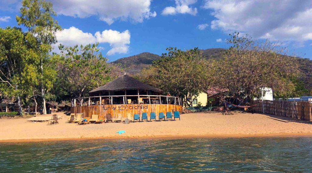 This is the beach at Cape Maclear and the vibrant hostel The Funky Cichlid. 